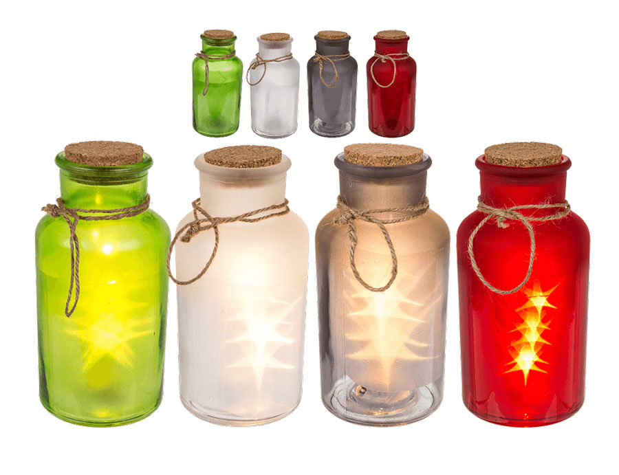 4x Glas Flasche mit Juteband /& 5 LED  Dekoflasche Dekoration sortiert Deko