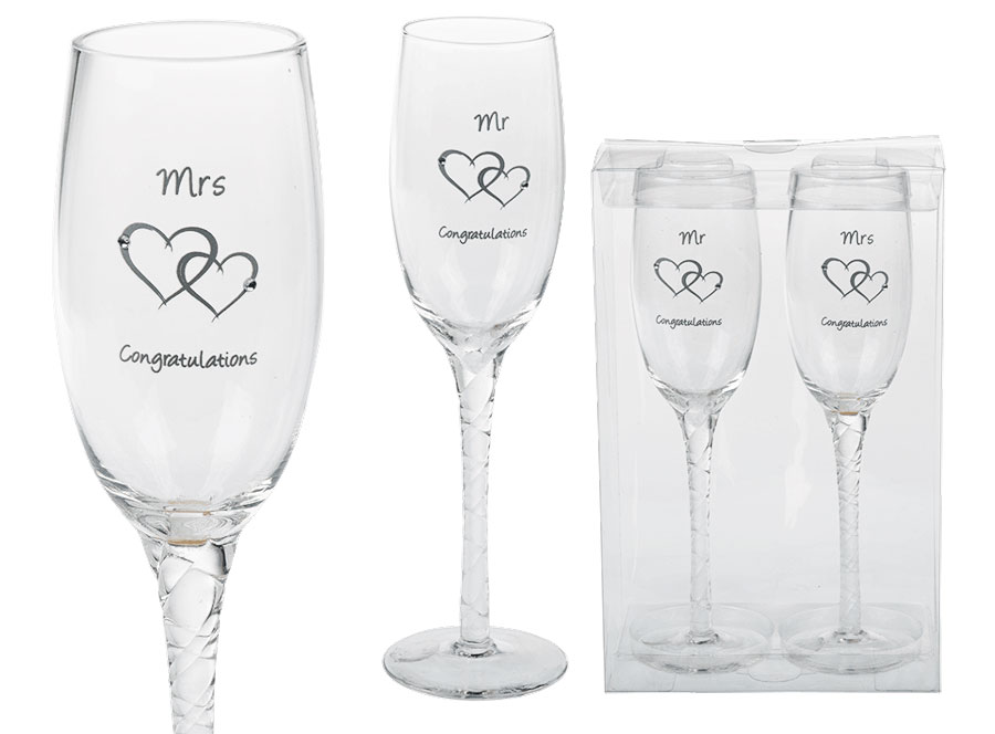 2er Set Sektglas Mr & Mrs mit silbernen Herzen Champagnerglas Sekt Glas Hochzeit 